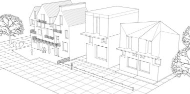 Kasaba mimari projesi çizimi 3D illüstrasyon