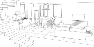 İç mutfak oturma odası 3D görüntü