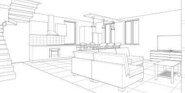 İç mutfak oturma odası 3D görüntü
