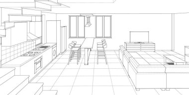 İç mutfak oturma odası 3D görüntü