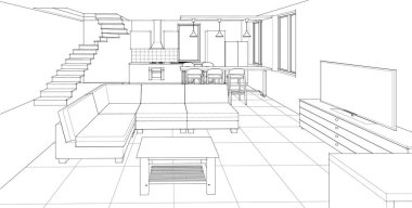 İç mutfak oturma odası 3D görüntü