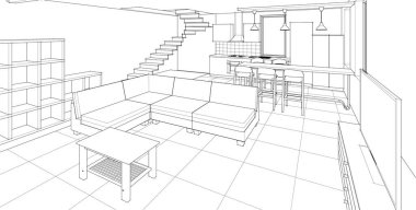 İç mutfak oturma odası 3D görüntü