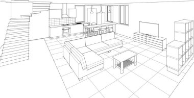 İç mutfak oturma odası 3D görüntü