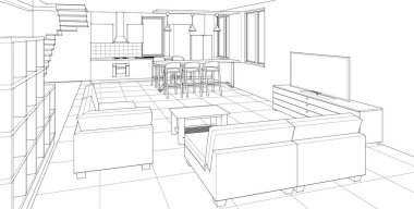 İç mutfak oturma odası 3D görüntü