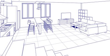 İç mutfak oturma odası 3D görüntü