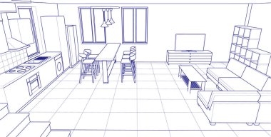 İç mutfak oturma odası 3D görüntü