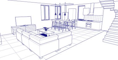 İç mutfak oturma odası 3D görüntü