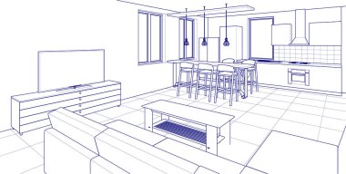 İç mutfak oturma odası 3D görüntü