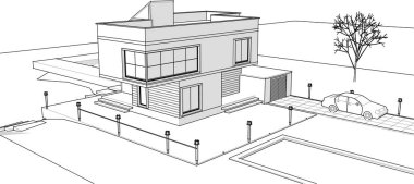 Kasaba mimari projesi çizimi 3D illüstrasyon