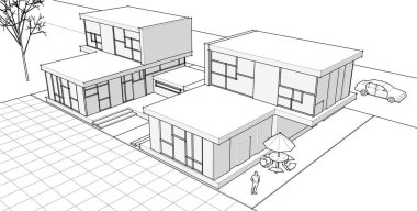 Kasaba mimari projesi çizimi 3D illüstrasyon