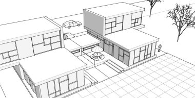 Kasaba mimari projesi çizimi 3D illüstrasyon