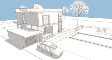 Kasaba mimari projesi çizimi 3D illüstrasyon