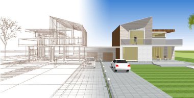 ev mimarisi çizimi 3d illüstrasyon