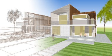 ev mimarisi çizimi 3d illüstrasyon