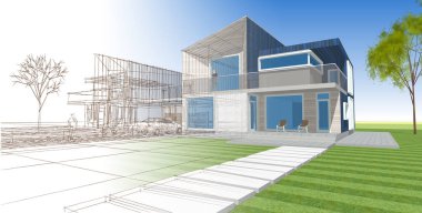 ev mimarisi çizimi 3d illüstrasyon