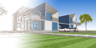 ev mimarisi çizimi 3d illüstrasyon