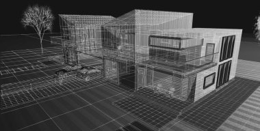 ev mimarisi çizimi 3d illüstrasyon