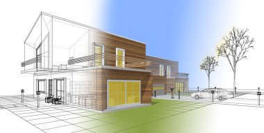 ev mimarisi çizimi 3d illüstrasyon