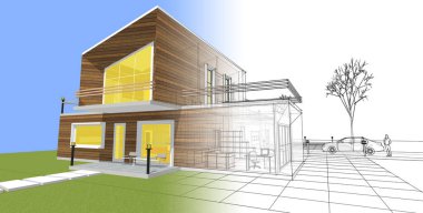 ev mimarisi çizimi 3d illüstrasyon