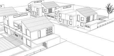 Şehir konağı mimari projesi çizimi 3D illüstrasyon