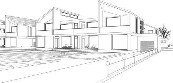 Ciudad Casa Adosada Proyecto Arquitectónico Boceto Ilustración — Vector de stock