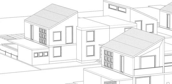 シティ タウンハウス建築プロジェクトスケッチ3Dイラスト — ストックベクタ