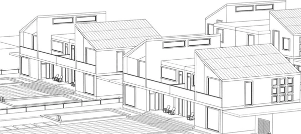 シティ タウンハウス建築プロジェクトスケッチ3Dイラスト — ストックベクタ