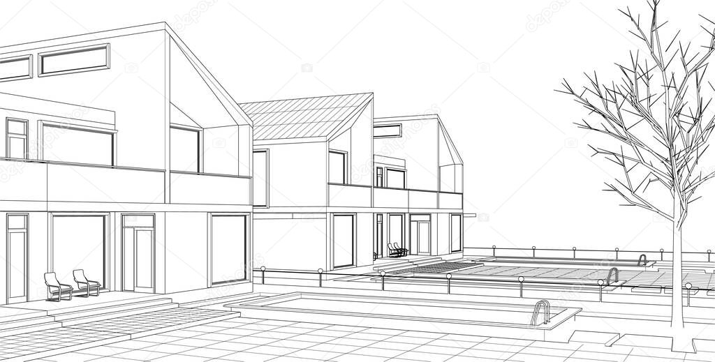 city townhouse architectural project sketch 3d illustration
