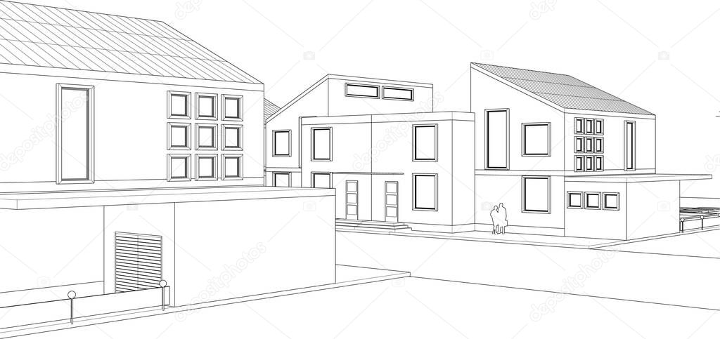 city townhouse architectural project sketch 3d illustration