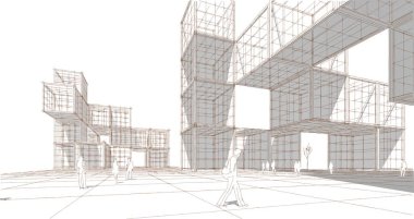 soyut modern mimari modüler cephe 3D illüstrasyon