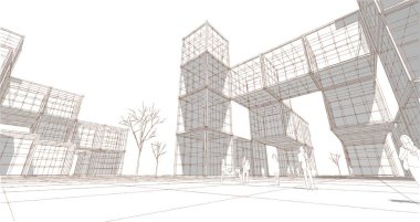 soyut modern mimari modüler cephe 3D illüstrasyon