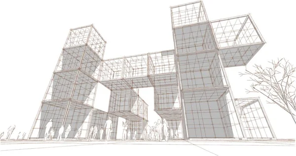 抽象的现代建筑模块化立面3D插图 — 图库照片