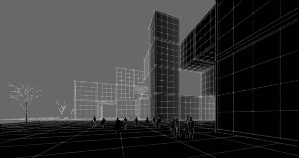 抽象的现代建筑模块化立面3D插图 — 图库照片