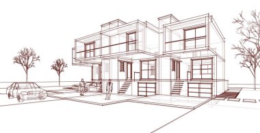 Kasaba mimarisi çizimi 3D illüstrasyon