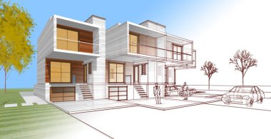 Kasaba mimarisi çizimi 3D illüstrasyon