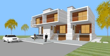 Kasaba mimarisi çizimi 3D illüstrasyon