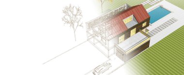 Modern ev çizimi 3d illüstrasyon