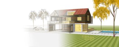 Modern ev çizimi 3d illüstrasyon