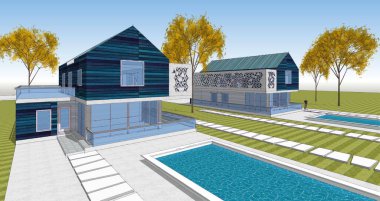 Modern ev çizimi 3d illüstrasyon