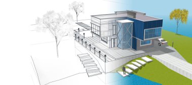 Modern ev mimarisi çizimi 3D illüstrasyon