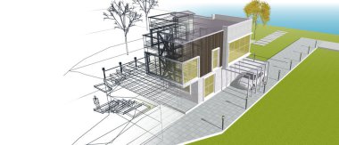 Modern ev mimarisi çizimi 3D illüstrasyon