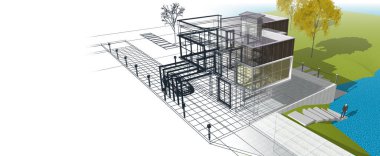 Modern ev mimarisi çizimi 3D illüstrasyon