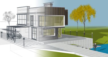 Modern ev mimarisi çizimi 3D illüstrasyon