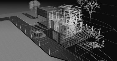 Modern ev mimarisi çizimi 3D illüstrasyon