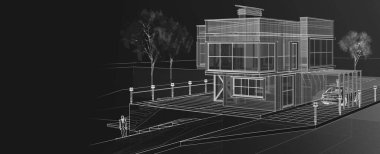 Modern ev mimarisi çizimi 3D illüstrasyon