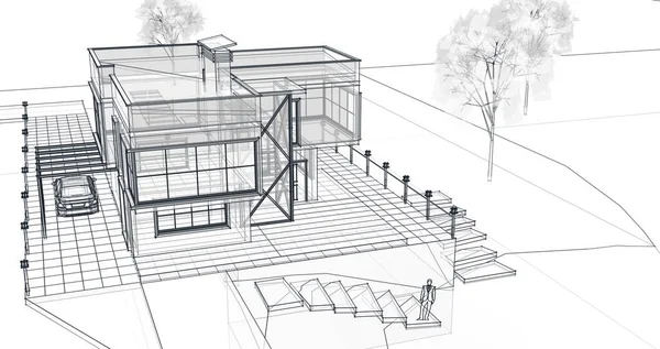 Casa Moderna Desenho Arquitetônico Ilustração — Fotografia de Stock