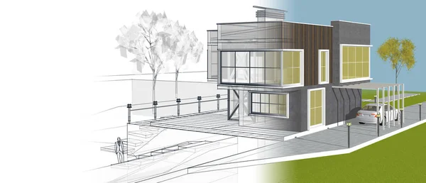 Casa Moderna Schizzo Architettonico Illustrazione — Foto Stock