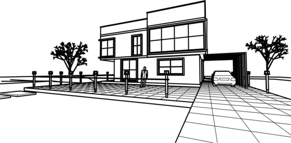 房屋建筑草图3D插图 — 图库矢量图片