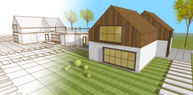 ev mimarisi çizimi 3d illüstrasyon