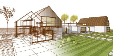 ev mimarisi çizimi 3d illüstrasyon